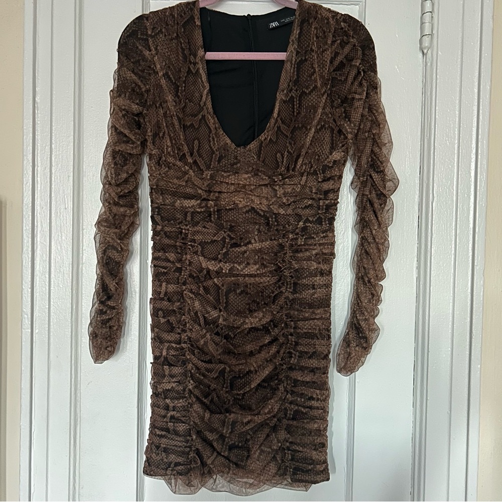 Zara Snake Print Long Sleeve Draped Tulle Mini Dress with Ruching Detail, Size S